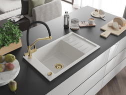 Mexen Elias fregadero de granito de 1 seno con escurridor y grifo de cocina Duo, blanco - 6511-20-671701-57-G