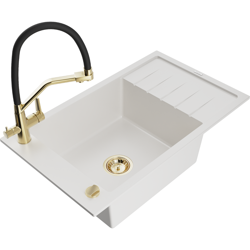 Mexen Elias granite sink 1-bowl with drainer and Duo kitchen tap, white - 6511-20-671701-57-G