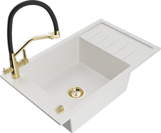 Mexen Elias granite single-bowl sink with drainer and Duo kitchen faucet, white - 6511-20-671701-57-G