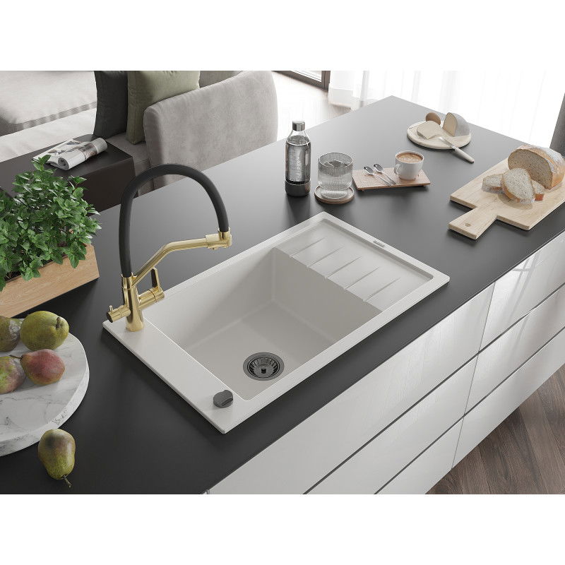 Mexen Elias 1-bowl granite sink with drainer and Duo kitchen tap, white - 6511-20-671701-57-B