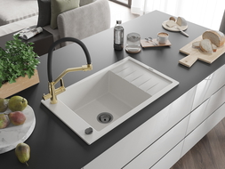 Mexen Elias 1-bowl granite sink with drainer and Duo kitchen tap, white - 6511-20-671701-57-B