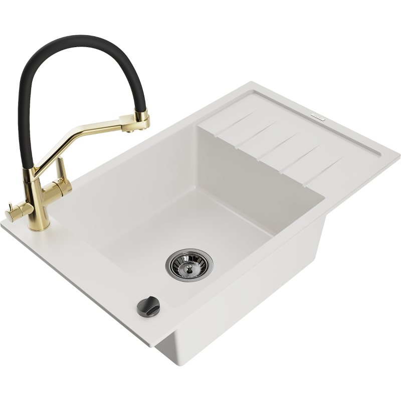 Mexen Elias fregadero de granito de 1 cuenco con escurridor y grifo de cocina Duo, blanco - 6511-20-671701-57-B