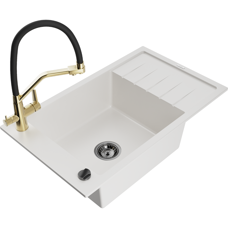 Mexen Elias lava-loiça de granito de uma cuba com escorredor e torneira de cozinha Duo, branco - 6511-20-671701-57-B