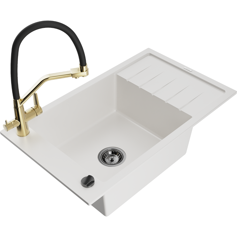 Mexen Elias lavello in granito a 1 vasca con scolapiatti e miscelatore Duo, bianco - 6511-20-671701-57-B