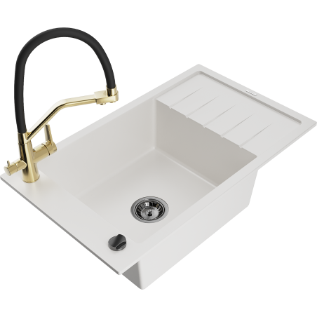 Mexen Elias fregadero de granito de 1 cuenco con escurridor y grifo de cocina Duo, blanco - 6511-20-671701-57-B