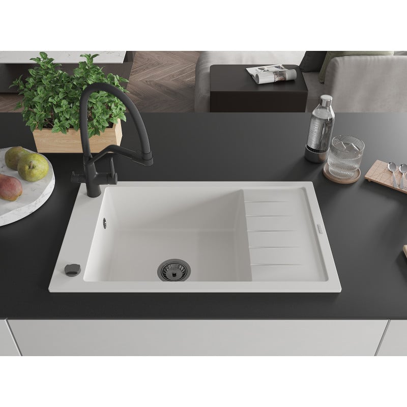 Mexen Elias fregadero de granito de 1 seno con escurridor y grifo de cocina Duo, blanco - 6511-20-671701-70-B