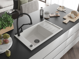 Mexen Elias fregadero de granito de 1 seno con escurridor y grifo de cocina Duo, blanco - 6511-20-671701-70-B