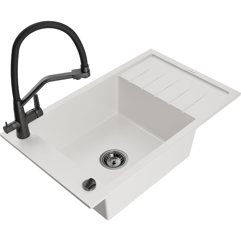 Mexen Elias granitdiskbänk 1-facks med avrinningsplats och köksblandare Duo, vit - 6511-20-671701-70-B
