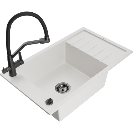Mexen Elias fregadero de granito de 1 seno con escurridor y grifo de cocina Duo, blanco - 6511-20-671701-70-B