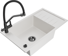 Mexen Elias fregadero de granito de 1 seno con escurridor y grifo de cocina Duo, blanco - 6511-20-671701-70-B