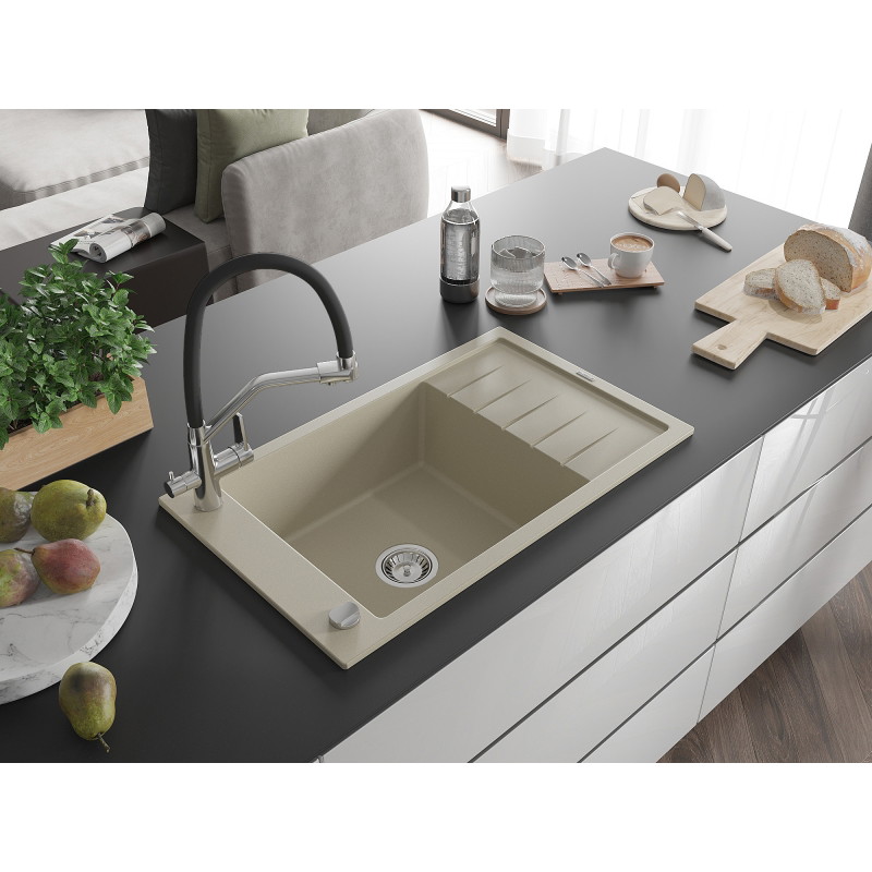 Mexen Elias fregadero de granito de 1 seno con escurridor y grifo de cocina Duo, beige - 6511-69-671701-07