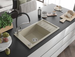 Mexen Elias granite kitchen sink 1-bowl with drainer and Duo kitchen faucet, beige - 6511-69-671701-07