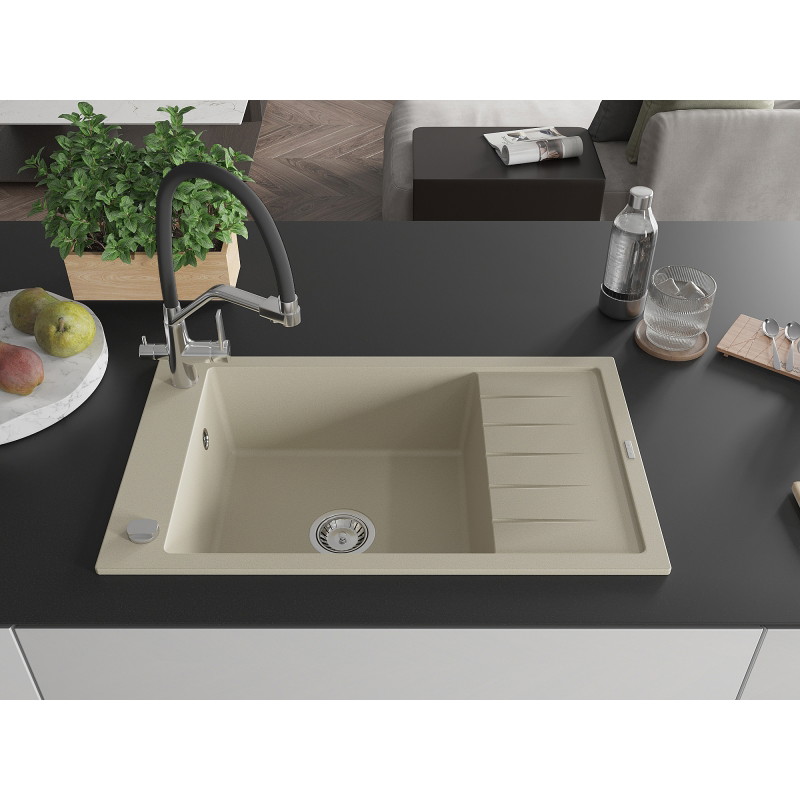 Mexen Elias Granitspüle 1-Becken mit Abtropffläche und Küchenarmatur Duo, beige - 6511-69-671701-07