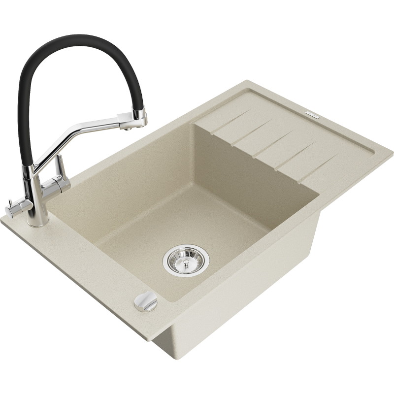 Mexen Elias Granitspüle mit 1 Becken, Abtropffläche und Küchenarmatur Duo, beige - 6511-69-671701-07