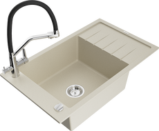 Mexen Elias granite sink 1-bowl with drainer and Duo kitchen tap, beige - 6511-69-671701-07