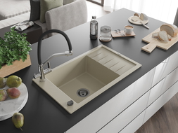 Mexen Elias granite sink 1-bowl with drainer and Duo kitchen tap, beige - 6511-69-671701-07-B