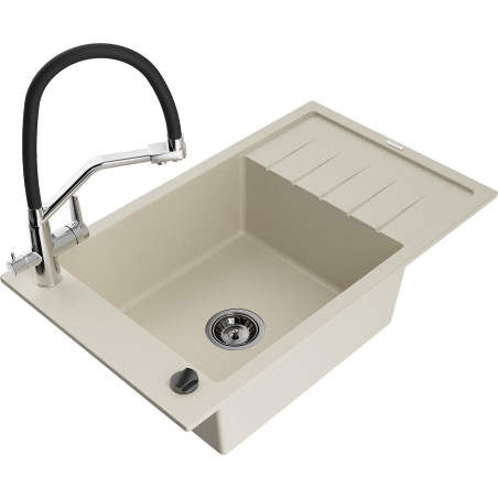 Mexen Elias granite sink 1-bowl with drainer and Duo kitchen tap, beige - 6511-69-671701-07-B
