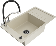 Mexen Elias granite kitchen sink 1-bowl with drainer and Duo kitchen faucet, beige - 6511-69-671701-07-B