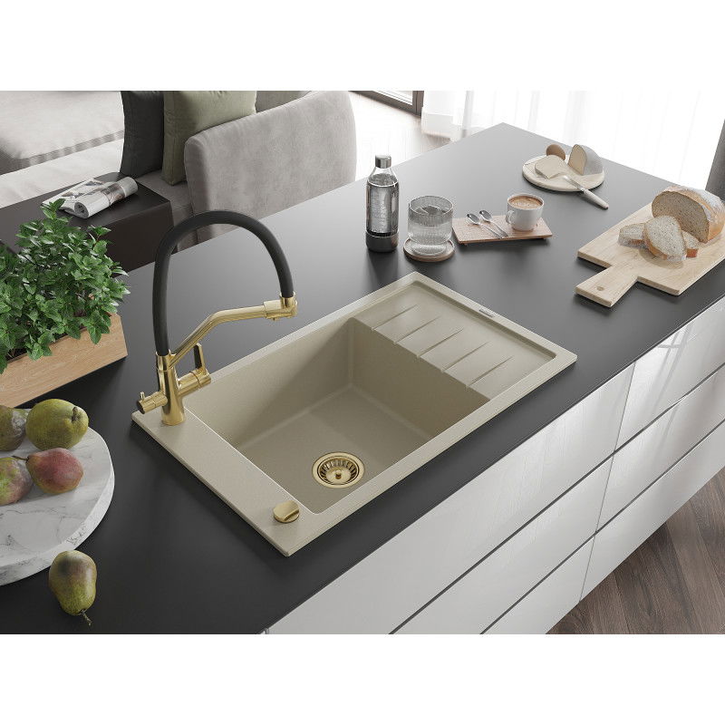 Mexen Elias lavello in granito a 1 vasca con scolapiatti e rubinetto da cucina Duo, beige - 6511-69-671701-57-G