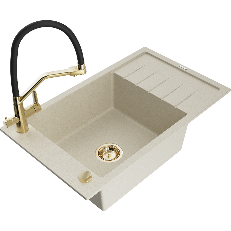 Mexen Elias lava-loiça em granito de 1 cuba com escorredor e torneira de cozinha Duo, bege - 6511-69-671701-57-G