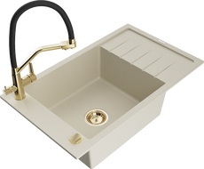 Mexen Elias Granitspüle 1-beckig mit Abtropffläche und Küchenarmatur Duo, beige - 6511-69-671701-57-G