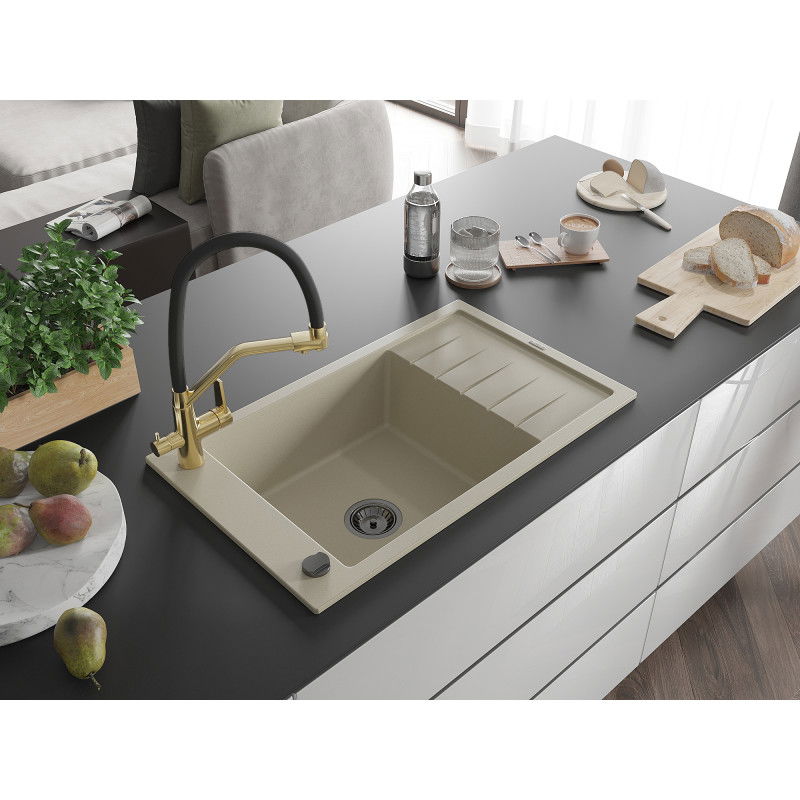 Mexen Elias fregadero de granito de 1 seno con escurridor y grifo de cocina Duo, beige - 6511-69-671701-57-B