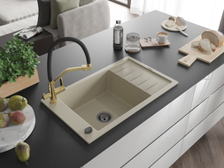Mexen Elias granite sink 1-bowl with drainer and kitchen faucet Duo, beige - 6511-69-671701-57-B