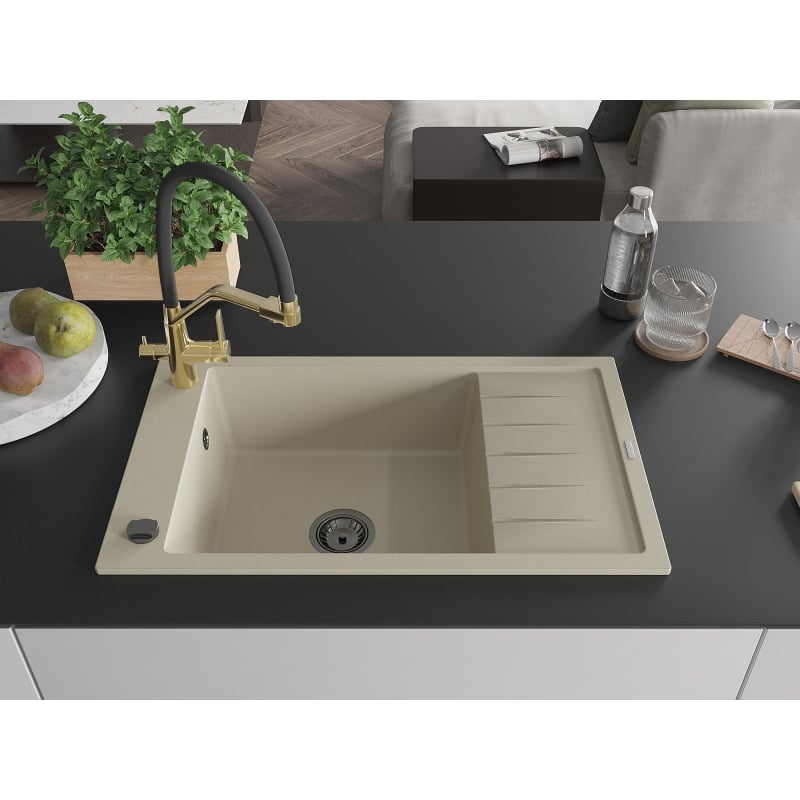 Mexen Elias granite single-bowl sink with drainer and Duo kitchen faucet, beige - 6511-69-671701-57-B