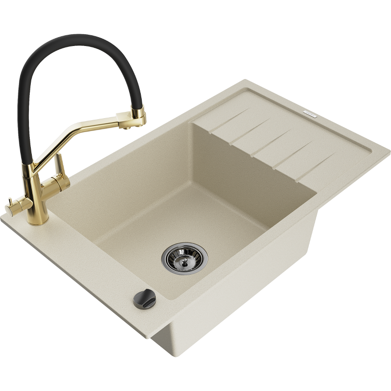 Mexen Elias fregadero de granito de 1 seno con escurridor y grifo de cocina Duo, beige - 6511-69-671701-57-B