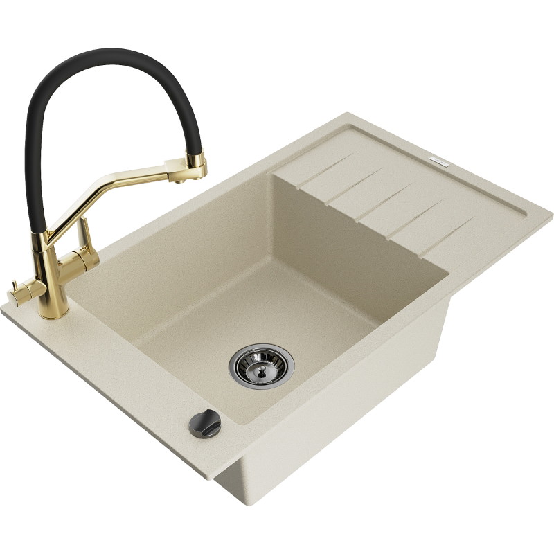 Mexen Elias fregadero de granito de una cubeta con escurridor y grifo de cocina Duo, beige - 6511-69-671701-57-B