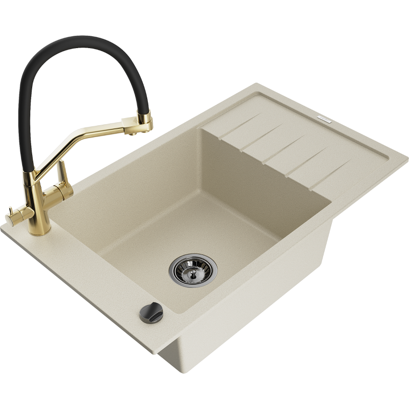 Mexen Elias granite sink 1-bowl with drainer and kitchen faucet Duo, beige - 6511-69-671701-57-B