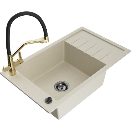 Mexen Elias granite single-bowl sink with drainer and Duo kitchen faucet, beige - 6511-69-671701-57-B