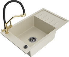 Mexen Elias granite sink 1-bowl with drainer and kitchen faucet Duo, beige - 6511-69-671701-57-B