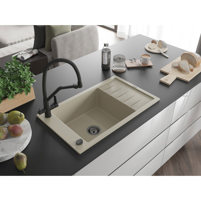 Mexen Elias lavello da cucina in granito 1 vasca con sgocciolatoio e rubinetto Duo, beige - 6511-69-671701-70-B
