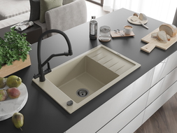 Mexen Elias lavello da cucina in granito 1 vasca con sgocciolatoio e rubinetto Duo, beige - 6511-69-671701-70-B