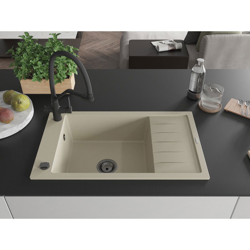 Mexen Elias 1-bowl granite sink with drainer and Duo kitchen tap, beige - 6511-69-671701-70-B