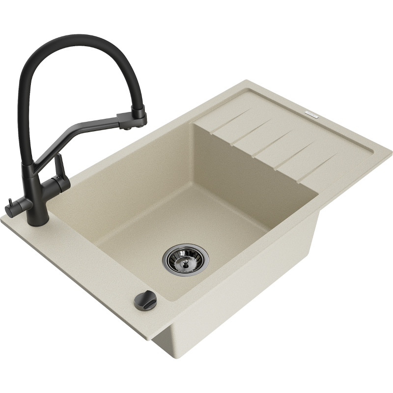 Mexen Elias fregadero de granito de 1 compartimento con escurridor y grifo de cocina Duo, beige - 6511-69-671701-70-B