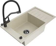 Mexen Elias 1-bowl granite sink with drainer and Duo kitchen tap, beige - 6511-69-671701-70-B