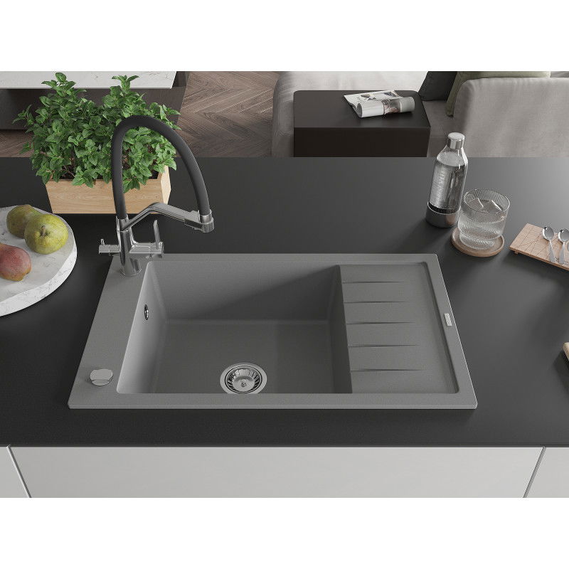 Mexen Elias granite sink 1-bowl with drainer and Duo kitchen tap, grey - 6511-71-671701-07