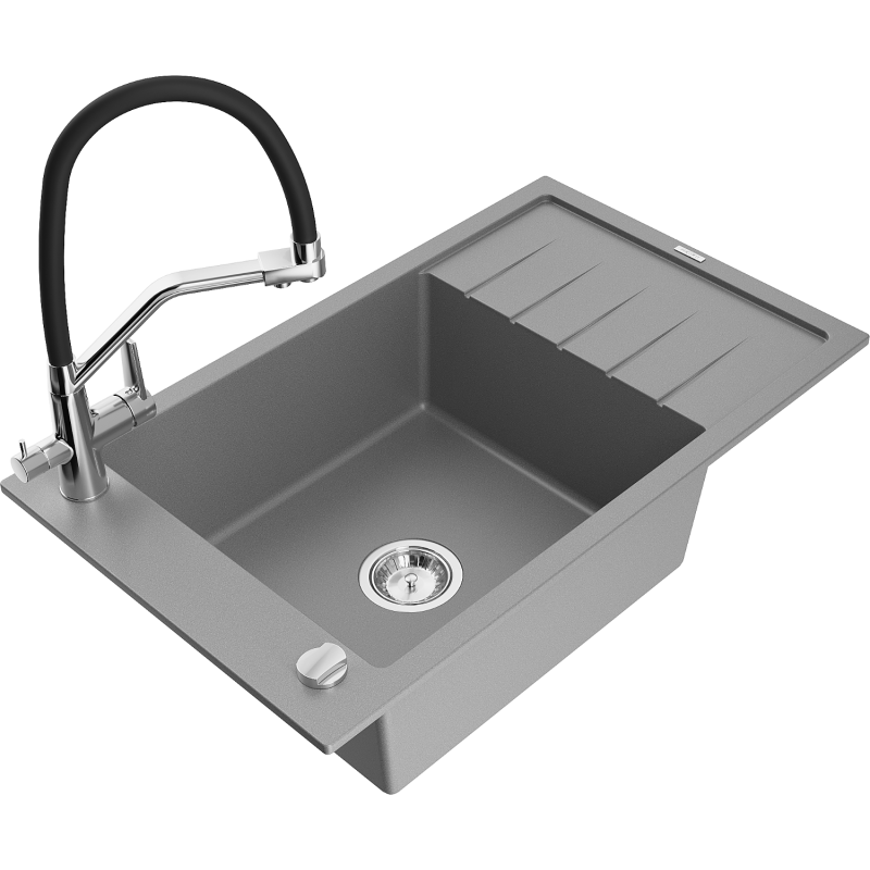 Mexen Elias fregadero de granito de 1 seno con escurridor y grifo de cocina Duo, gris - 6511-71-671701-07