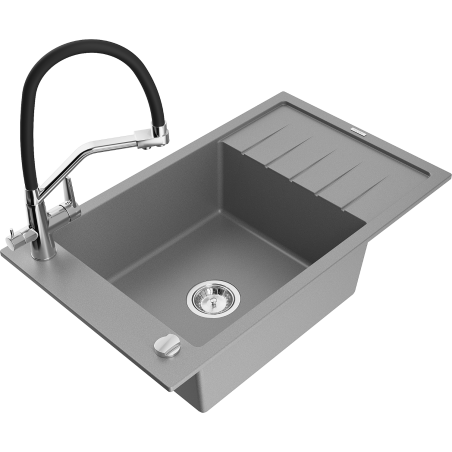 Mexen Elias fregadero de granito de 1 seno con escurridor y grifo de cocina Duo, gris - 6511-71-671701-07