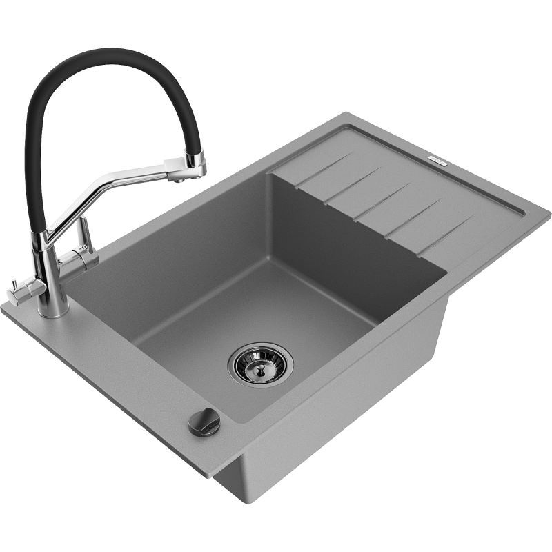 Mexen Elias granite sink 1-bowl with drainer and Duo kitchen tap, grey - 6511-71-671701-07-B