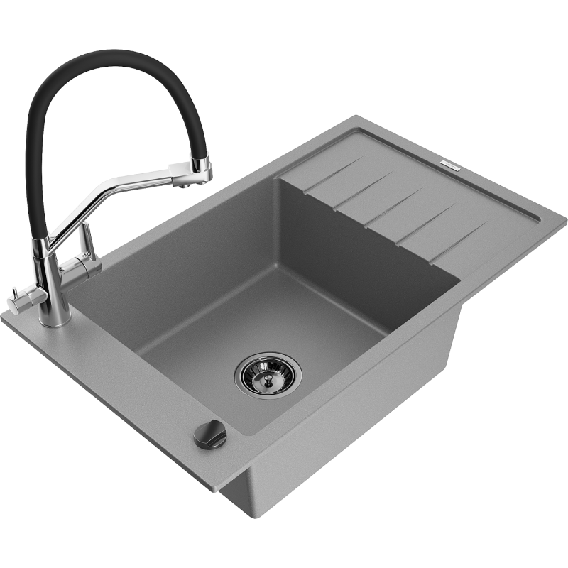 Mexen Elias lava-loiça de granito de 1 cuba com escorredor e misturadora de cozinha Duo, cinza - 6511-71-671701-07-B