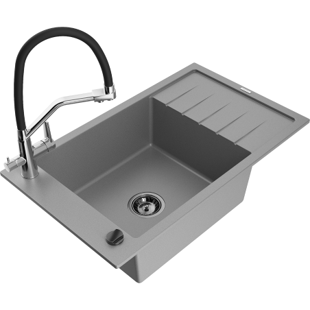 Mexen Elias granīta izlietne ar vienu bļodu, noteku un jaucējkrānu Duo, pelēka - 6511-71-671701-07-B