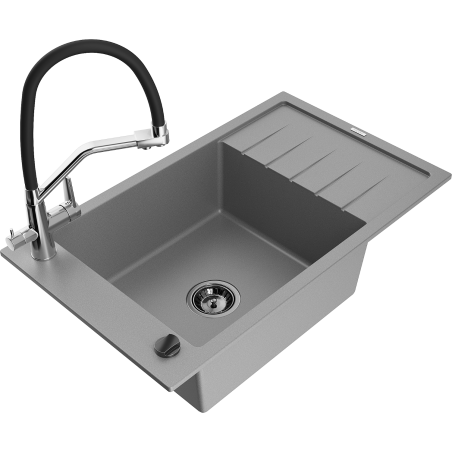 Mexen Elias granite sink 1-bowl with drainer and Duo kitchen tap, grey - 6511-71-671701-07-B