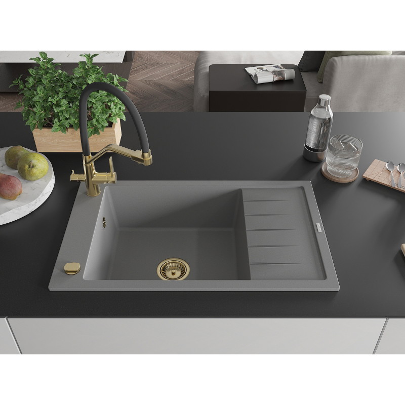 Mexen Elias fregadero de granito de 1 seno con escurridor y grifo de cocina Duo, gris - 6511-71-671701-57-G