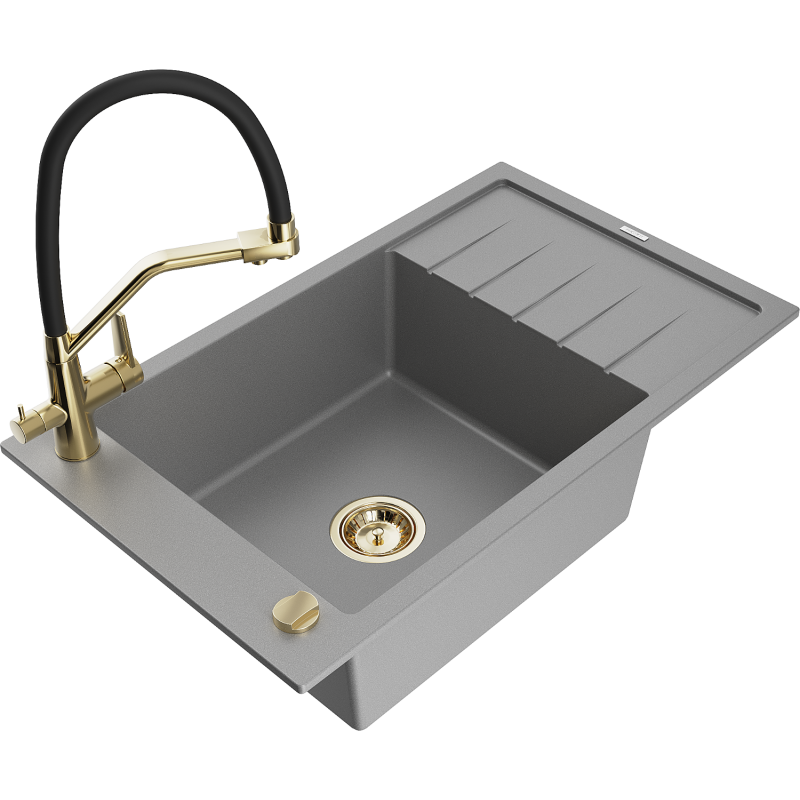 Mexen Elias fregadero de granito de 1 cubeta con escurridor y grifo de cocina Duo, gris - 6511-71-671701-57-G