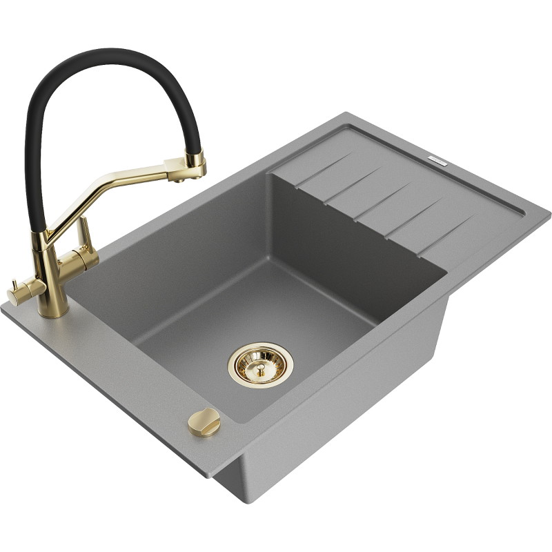 Mexen Elias fregadero de granito de 1 seno con escurridor y grifo de cocina Duo, gris - 6511-71-671701-57-G