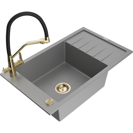 Mexen Elias 1-kamergranieten gootsteen met afdruiprek en Duo keukenkraan, grijs - 6511-71-671701-57-G
