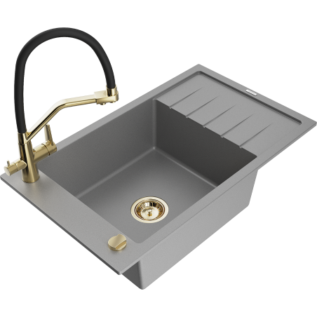 Mexen Elias fregadero de granito de 1 cubeta con escurridor y grifo de cocina Duo, gris - 6511-71-671701-57-G